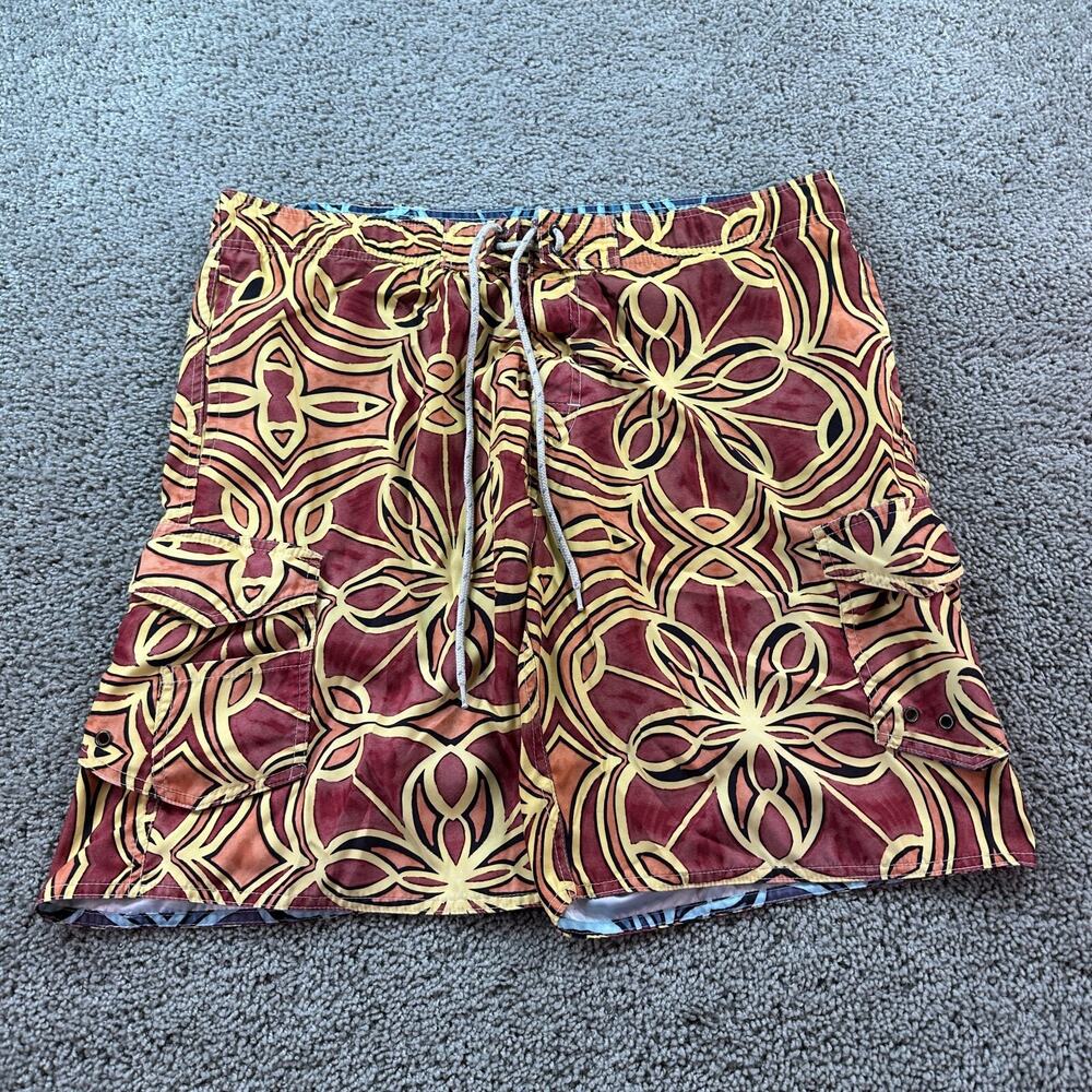Ron Jon Surf Shop Swim Trunks Mens Extra Large Red Yellow Bathing Suit FLAW